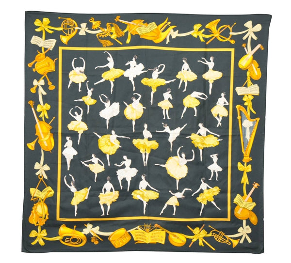 Authentic HERMES Carre 90 Scarf "La Dance" Silk Green Yellow 7655C