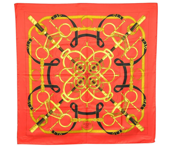 Authentic HERMES Carre 90 Scarf "Eperon d'or" Silk Red 7656C