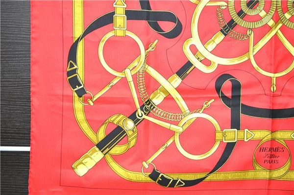 Authentic HERMES Carre 90 Scarf "Eperon d'or" Silk Red 7656C