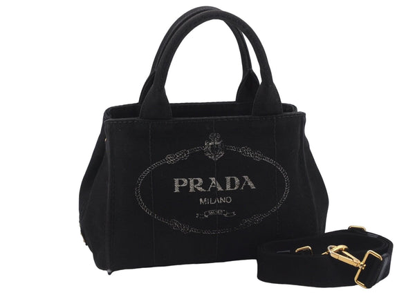 Authentic PRADA Canapa SS 2Way Shoulder Hand Bag Purse Canvas Black 7667D