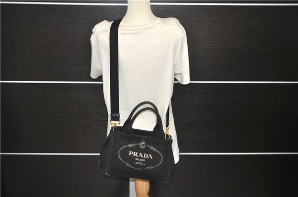 Authentic PRADA Canapa SS 2Way Shoulder Hand Bag Purse Canvas Black 7667D