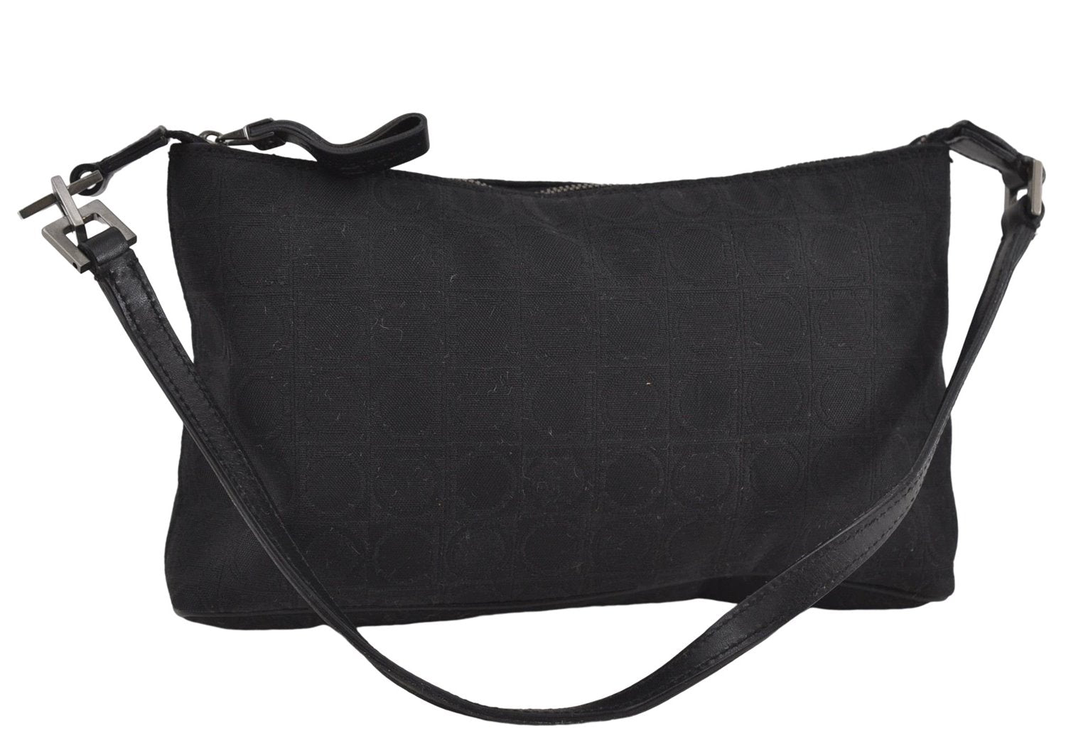 Authentic Ferragamo Gancini Canvas Leather Shoulder Hand Bag Purse Black 7668D