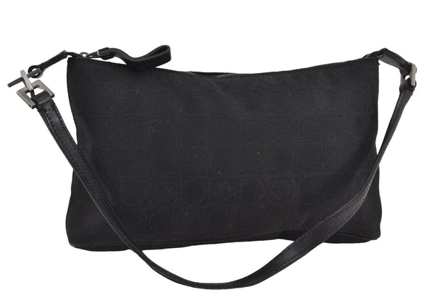 Authentic Ferragamo Gancini Canvas Leather Shoulder Hand Bag Purse Black 7668D