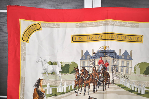 Authentic HERMES Carre 90 Scarf "LES HARAS NATIONAUX" Silk Red 7669I