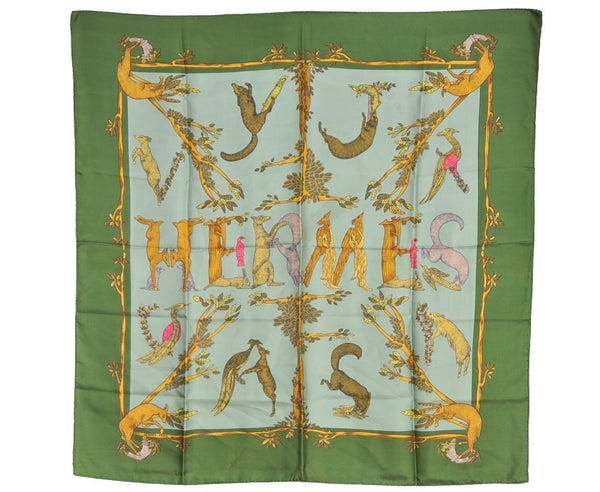 Authentic HERMES Carre 90 Scarf "Alphabet Ⅲ" Silk Green 7677I