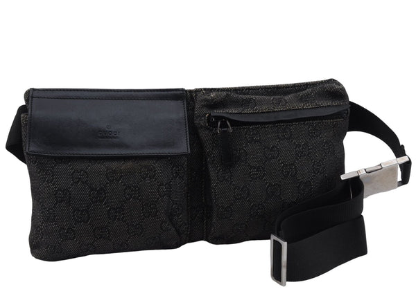 Authentic GUCCI Waist Body Bag Canvas Leather 28566 Black 7682D