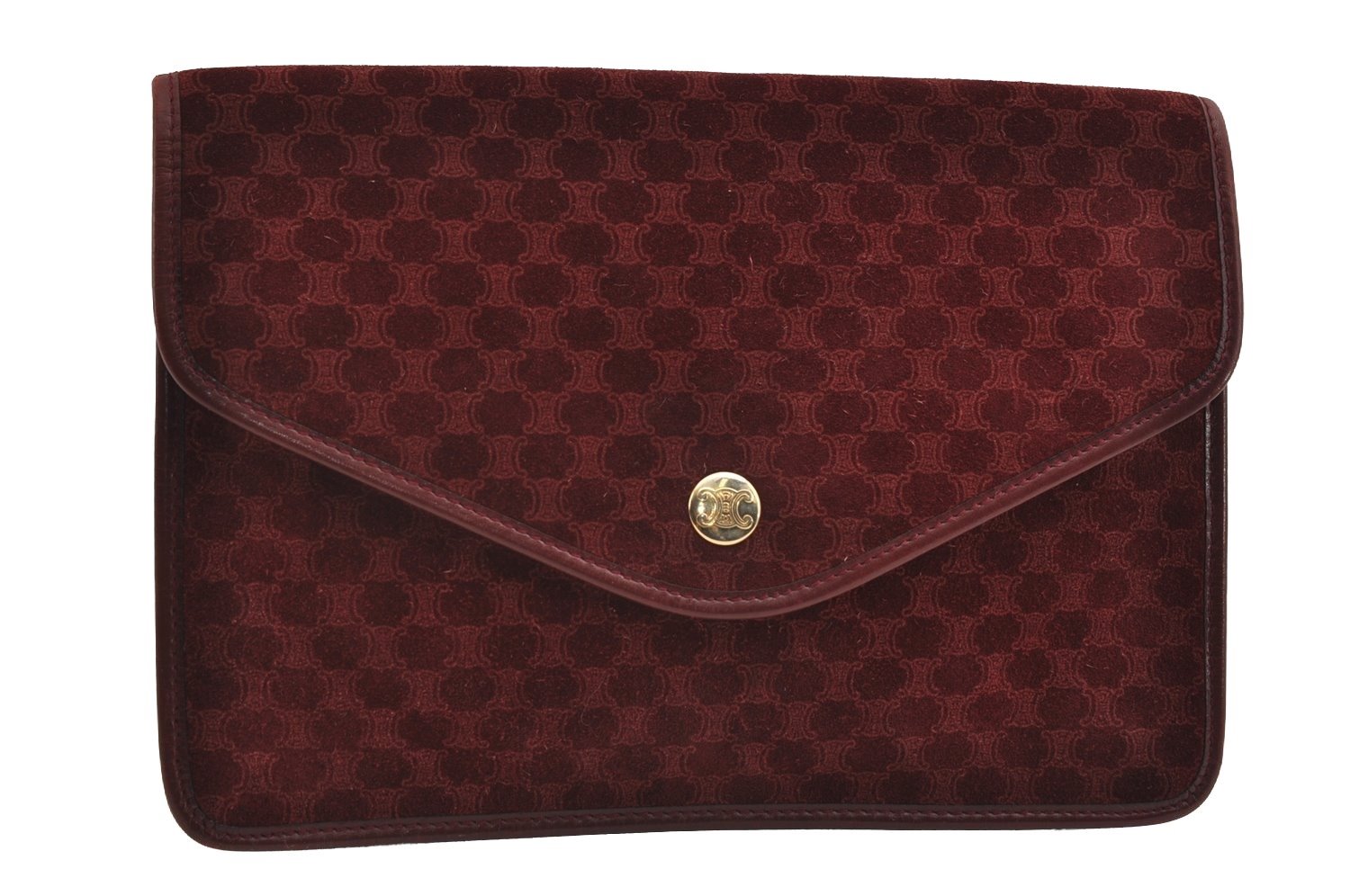 Authentic CELINE Macadam Blason Pattern Clutch Bag Suede Leather Bordeaux 7691I