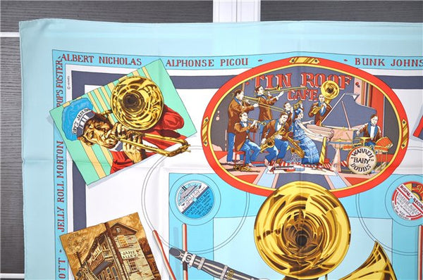 Authentic HERMES Carre 90 Scarf "NEW-ORIGINAL CREOLE JAZZ" Silk Blue Box 7726F