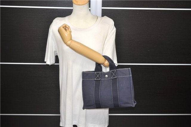 Authentic HERMES Deauville PM Hand Tote Bag Canvas Navy Blue 7735D