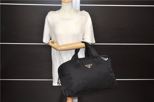 Authentic PRADA Nylon Vela Sport Travel Boston Bag Leather BR1098 Black 7738D