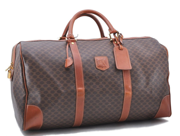 Auth CELINE Macadam Blason Pattern Travel Boston Bag PVC Leather Brown 7740C