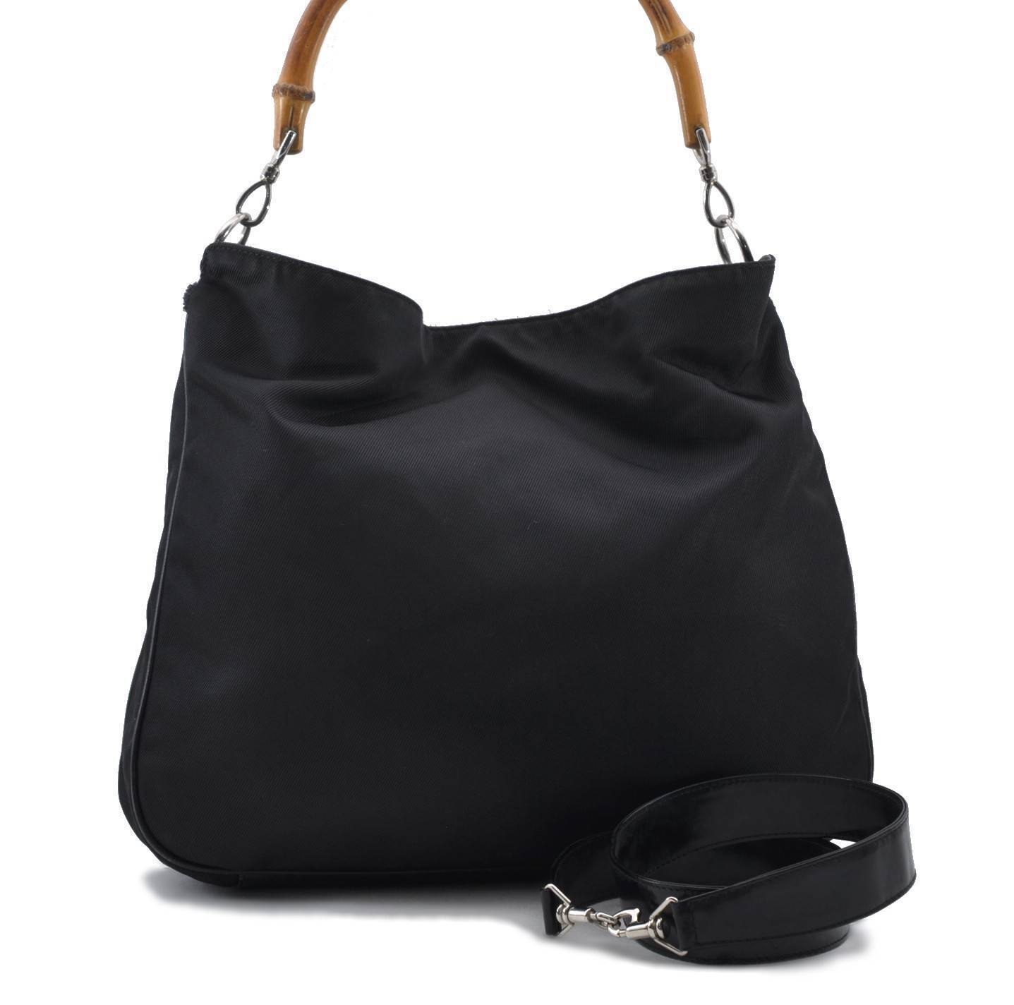 Authentic GUCCI Bamboo 2Way Shoulder Hand Bag Purse Nylon Leather Black 7756B