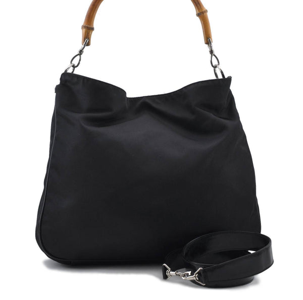 Authentic GUCCI Bamboo 2Way Shoulder Hand Bag Purse Nylon Leather Black 7756B