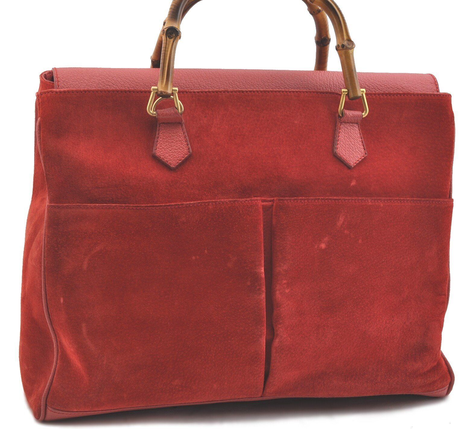 Authentic GUCCI Bamboo Hand Bag Suede Leather 0322 Red 7765A