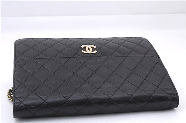 Authentic CHANEL Lamb Skin Matelasse Chain Shoulder Bag Purse Black CC 7765E