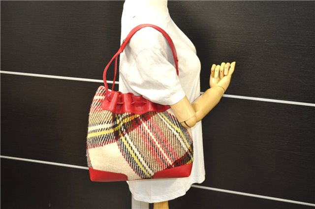 Authentic BURBERRY Vintage Shoulder Tote Bag Cotton Leather Red Ivory 7766D