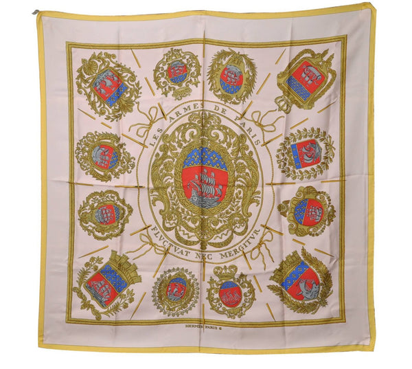 Authentic HERMES Carre 90 Scarf "LES ARMES DE PARIS" Silk Yellow Box 7783C