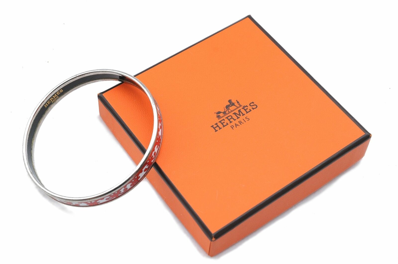 Authentic HERMES Email PM Bangle Gadarkivir Motif Silver Red Box 7789A