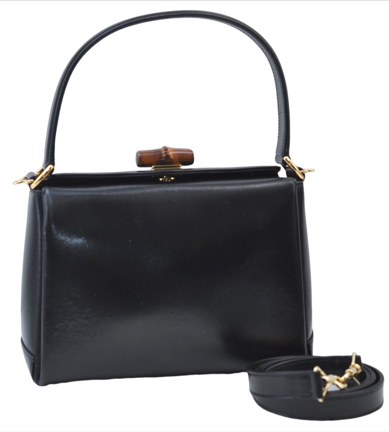 Authentic GUCCI Vintage Bamboo 2way Hand Shoulder Bag Purse Leather Black 7793E