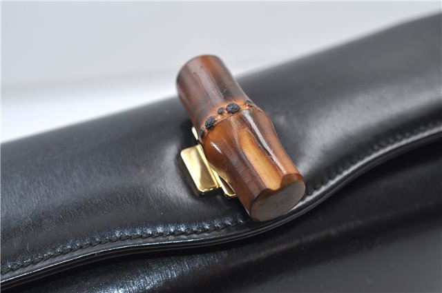 Authentic GUCCI Vintage Bamboo 2way Hand Shoulder Bag Purse Leather Black 7793E