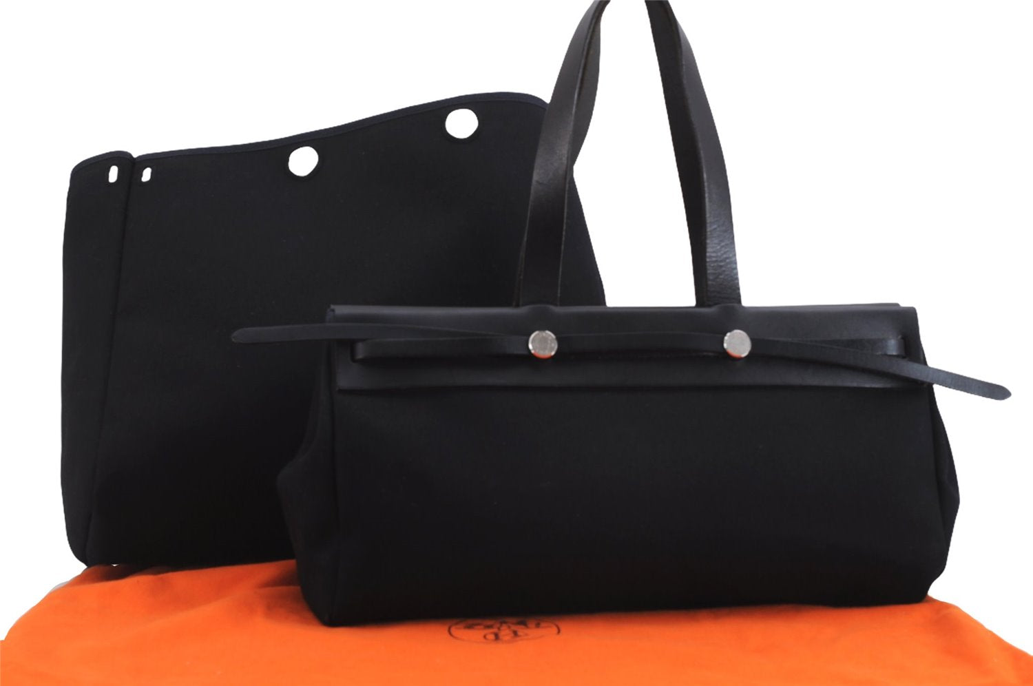 Authentic HERMES Her Bag Cabas GM & GM Shoulder Tote Bag Canvas Black 7797E