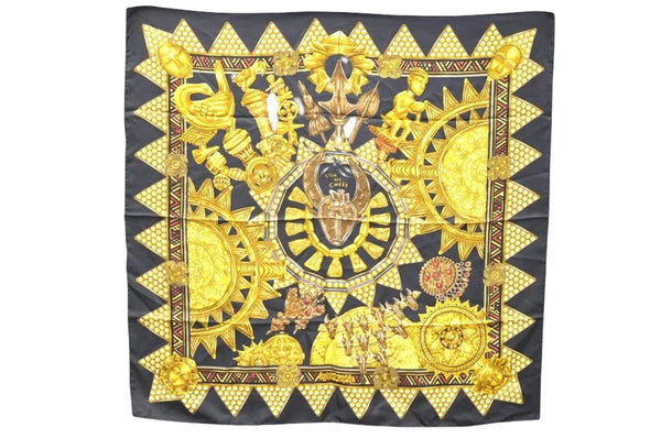 Authentic HERMES Carre 90 Scarf "L'OR DES CHEFS" Silk Black 7800D