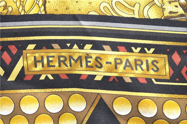 Authentic HERMES Carre 90 Scarf "L'OR DES CHEFS" Silk Black 7800D