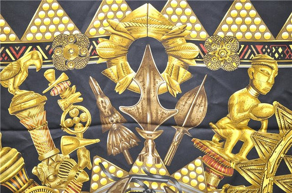 Authentic HERMES Carre 90 Scarf "L'OR DES CHEFS" Silk Black 7800D