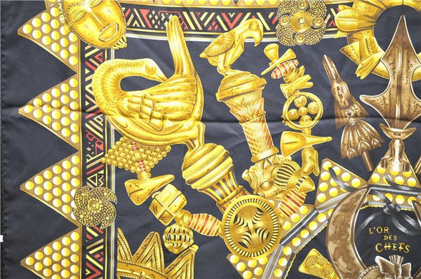 Authentic HERMES Carre 90 Scarf "L'OR DES CHEFS" Silk Black 7800D