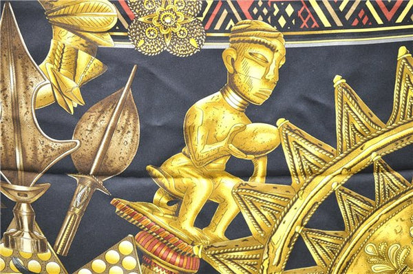 Authentic HERMES Carre 90 Scarf "L'OR DES CHEFS" Silk Black 7800D