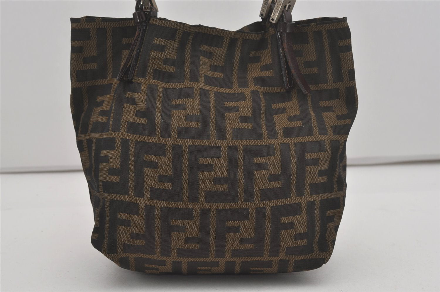Authentic FENDI Vintage Zucca Shoulder Tote Bag Purse Nylon Leather Brown 7809I
