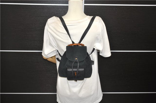 Authentic GUCCI Bamboo Backpack Suede Leather Black 7813D