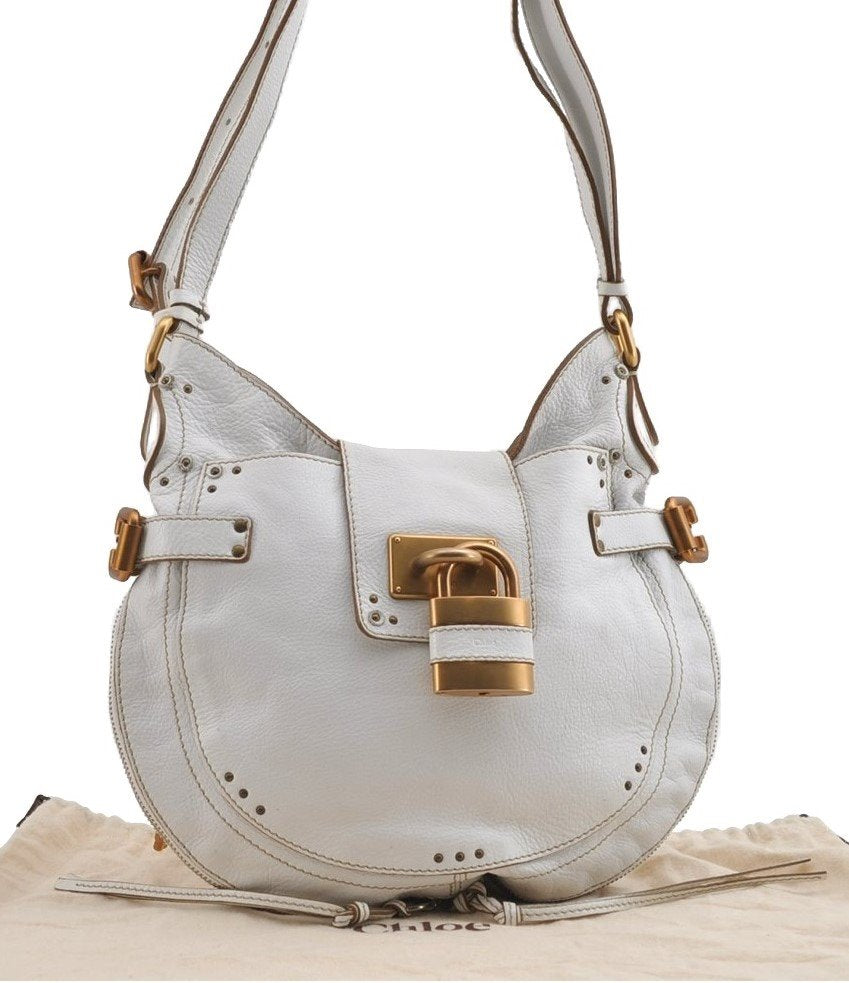 Authentic Chloe Vintage Paddington Leather Shoulder Cross Body Bag White 7817I