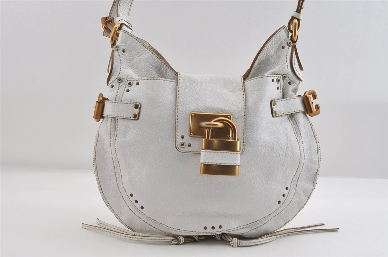 Authentic Chloe Vintage Paddington Leather Shoulder Cross Body Bag White 7817I