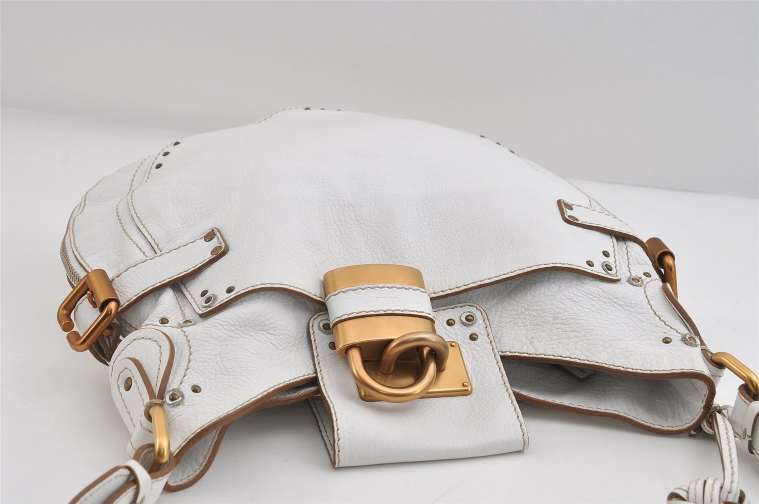 Authentic Chloe Vintage Paddington Leather Shoulder Cross Body Bag White 7817I