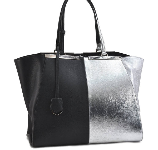 Authentic FENDI 3JOURS Leather Shoulder Tote Bag Black Silver 7819C