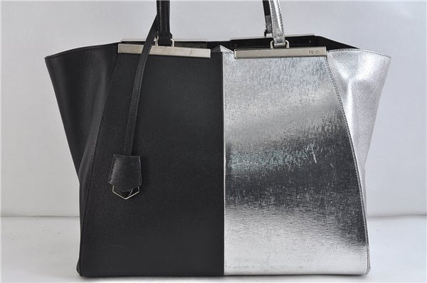 Authentic FENDI 3JOURS Leather Shoulder Tote Bag Black Silver 7819C