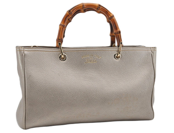 Authentic GUCCI Bamboo Shopper Medium 2Way Hand Bag Leather Metallic Beige 7821F