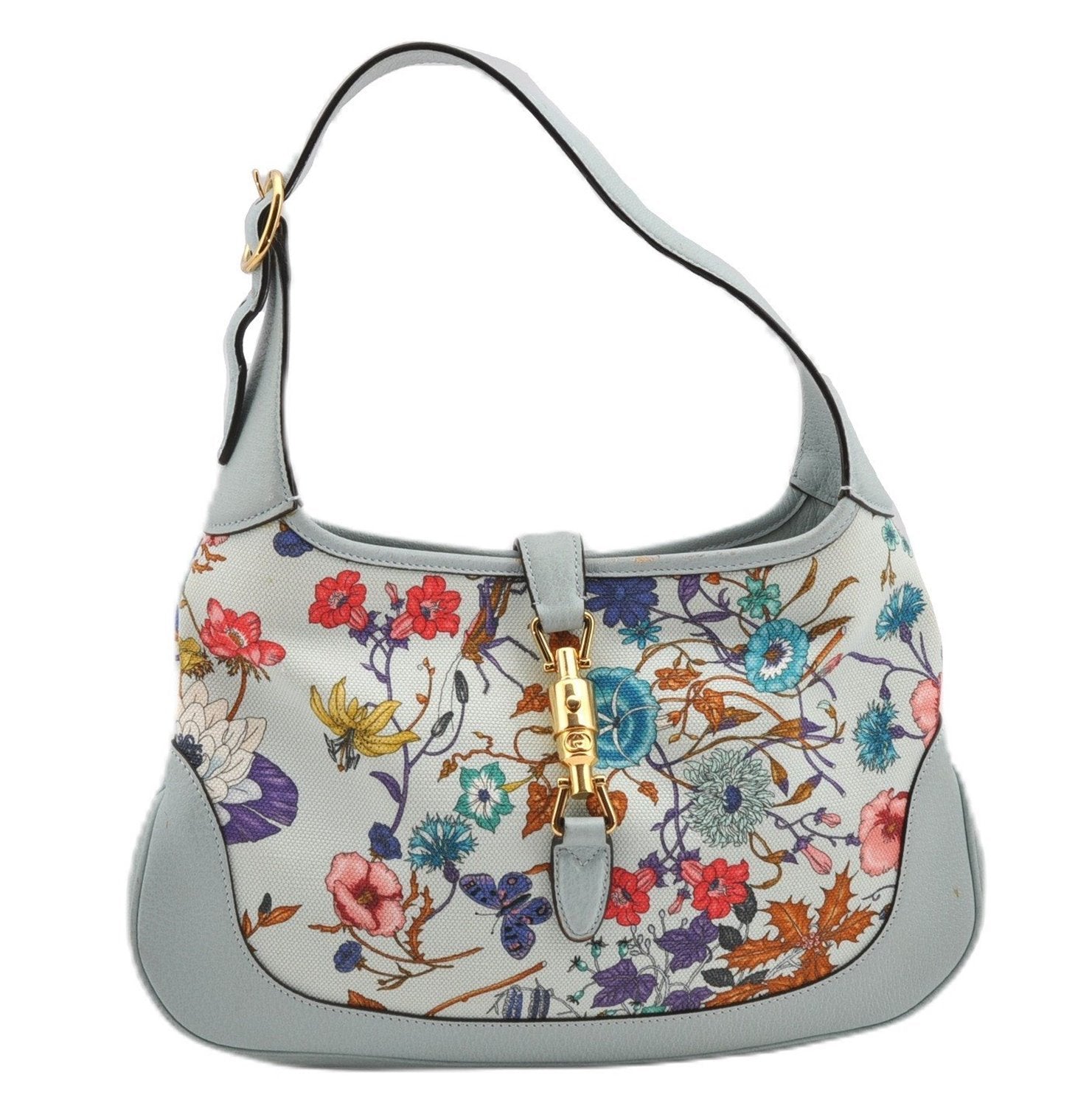 Authentic GUCCI Jackie Flora Shoulder Bag Canvas Leather 550152 Light Blue 7825F