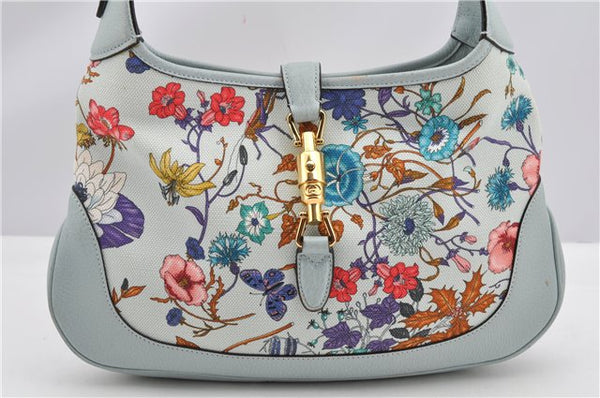 Authentic GUCCI Jackie Flora Shoulder Bag Canvas Leather 550152 Light Blue 7825F