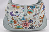 Authentic GUCCI Jackie Flora Shoulder Bag Canvas Leather 550152 Light Blue 7825F