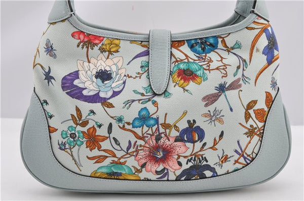 Authentic GUCCI Jackie Flora Shoulder Bag Canvas Leather 550152 Light Blue 7825F