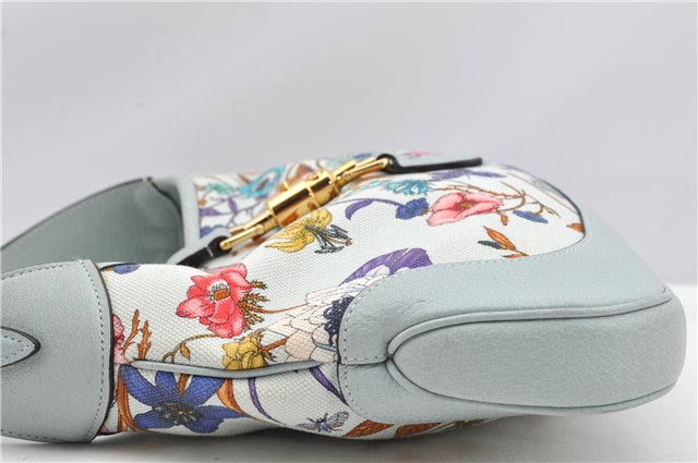 Authentic GUCCI Jackie Flora Shoulder Bag Canvas Leather 550152 Light Blue 7825F