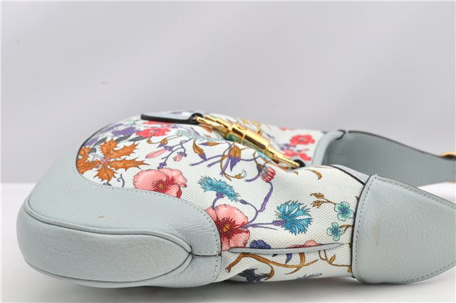 Authentic GUCCI Jackie Flora Shoulder Bag Canvas Leather 550152 Light Blue 7825F