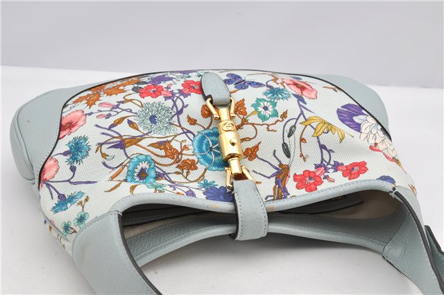 Authentic GUCCI Jackie Flora Shoulder Bag Canvas Leather 550152 Light Blue 7825F