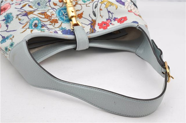 Authentic GUCCI Jackie Flora Shoulder Bag Canvas Leather 550152 Light Blue 7825F