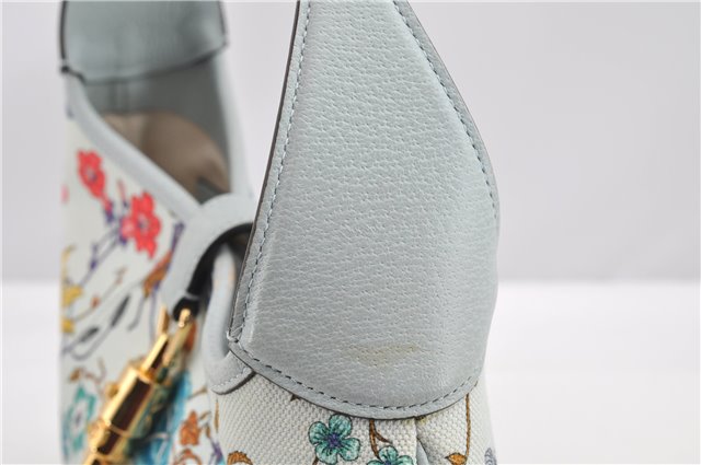 Authentic GUCCI Jackie Flora Shoulder Bag Canvas Leather 550152 Light Blue 7825F