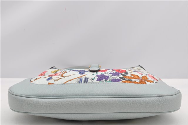 Authentic GUCCI Jackie Flora Shoulder Bag Canvas Leather 550152 Light Blue 7825F