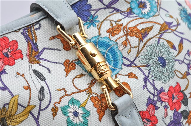 Authentic GUCCI Jackie Flora Shoulder Bag Canvas Leather 550152 Light Blue 7825F