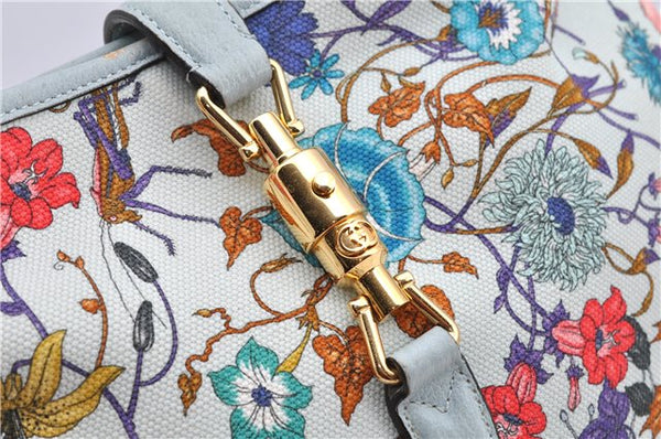 Authentic GUCCI Jackie Flora Shoulder Bag Canvas Leather 550152 Light Blue 7825F